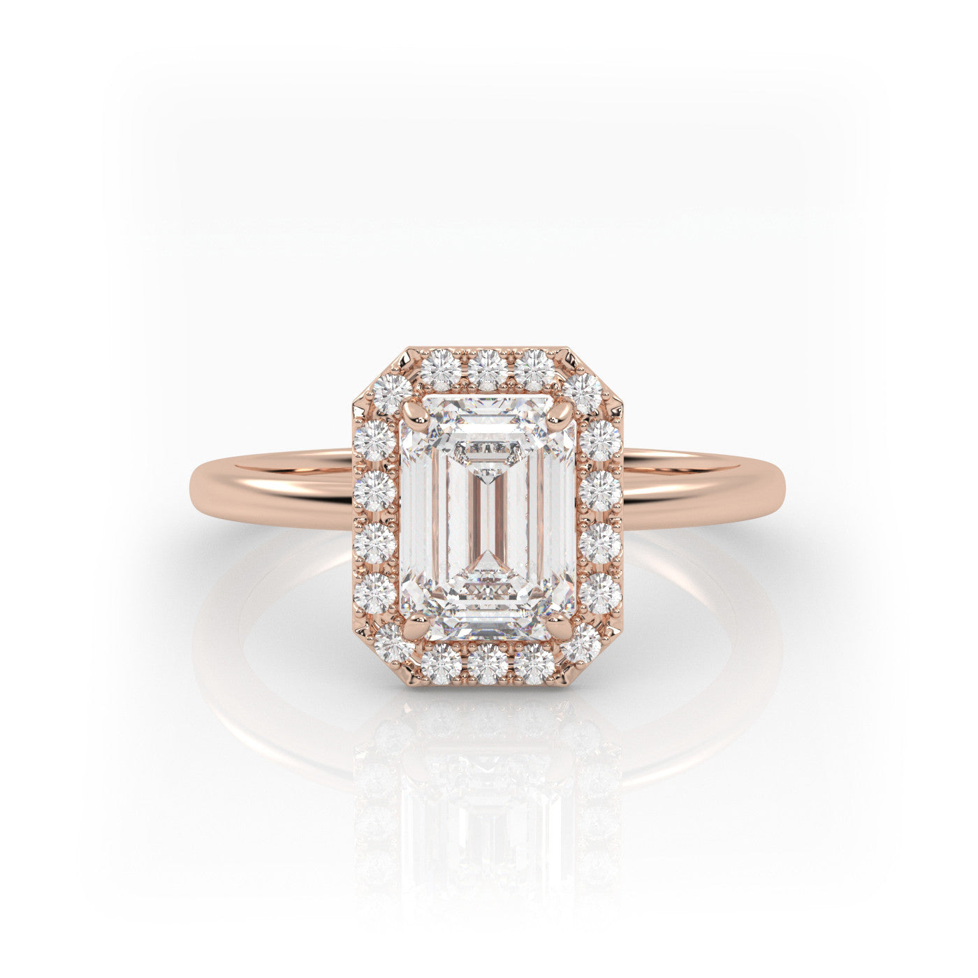 straight front view of Emerald Halo Radiance in 18K Rose Gold