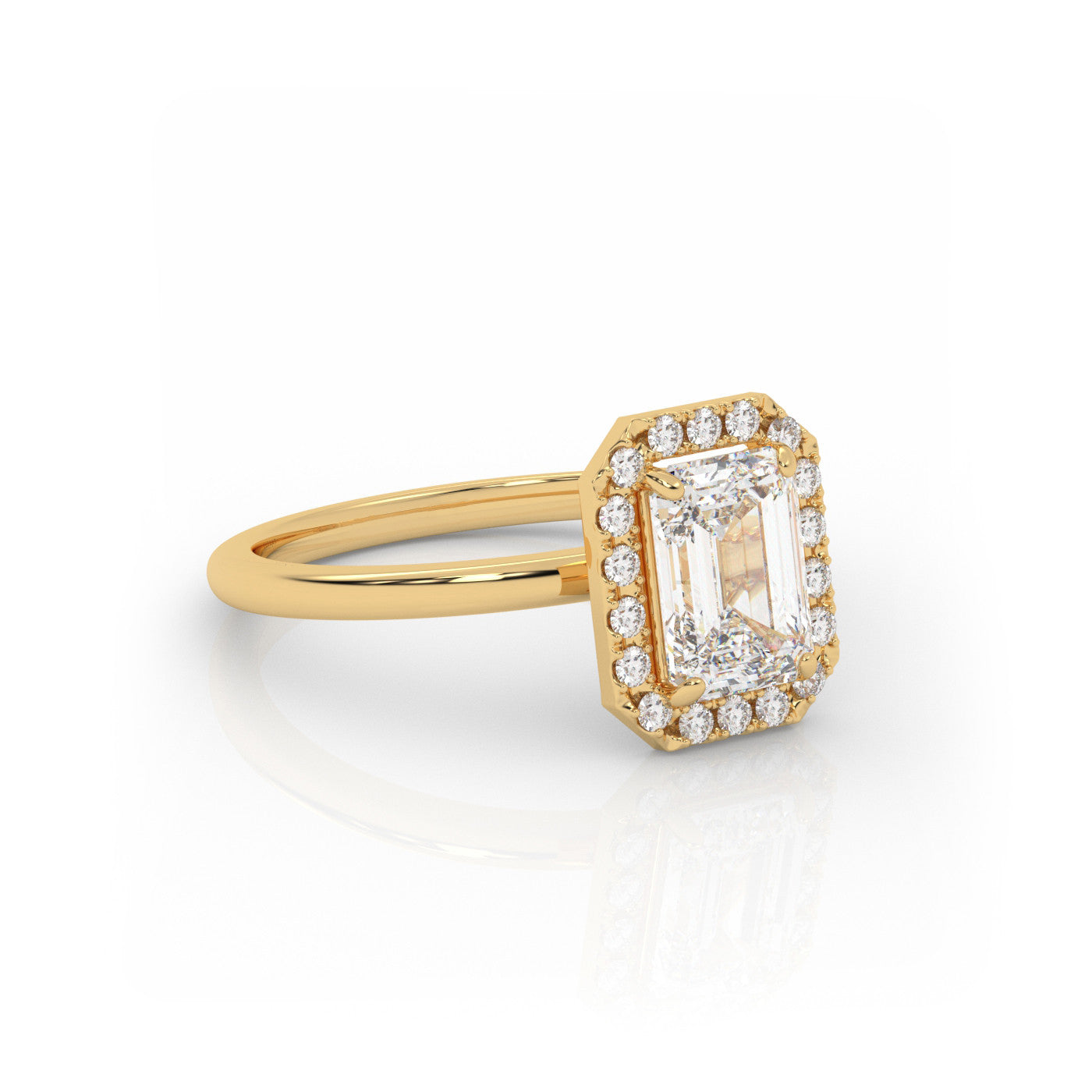 angled view of Emerald Halo Radiance in 18K Rose Gold