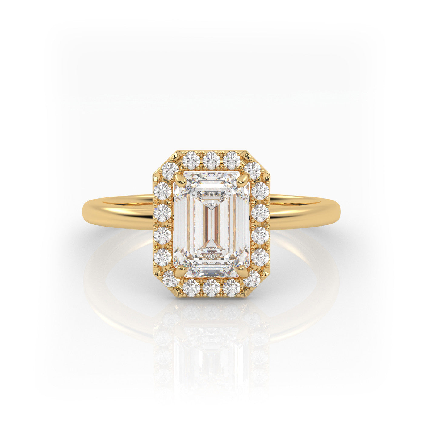 straight front view of Emerald Halo Radiance in 18K Yellow Gold