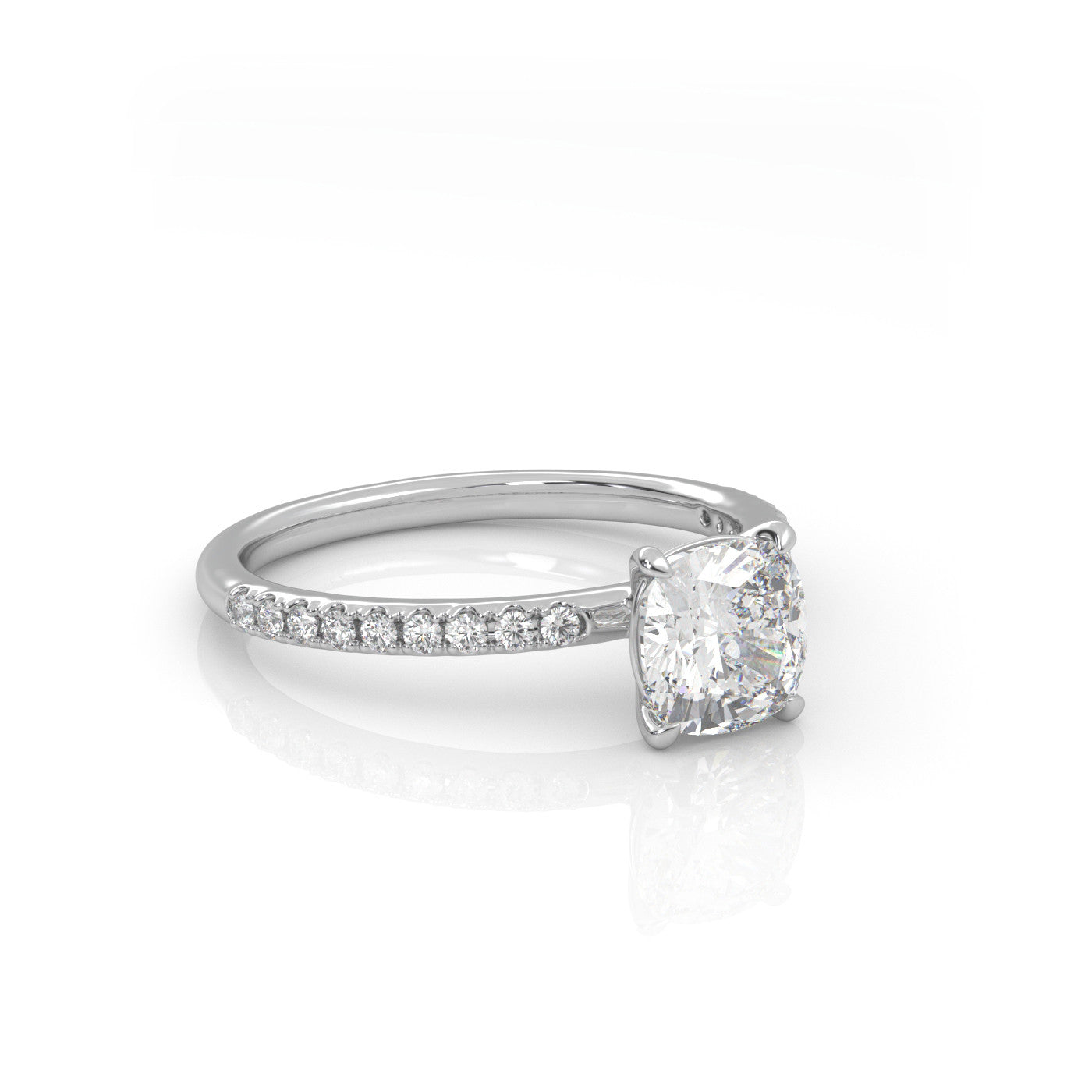 angled view of Cushion Pavé Solitaire Diamond Engagement Ring in 18K White Gold