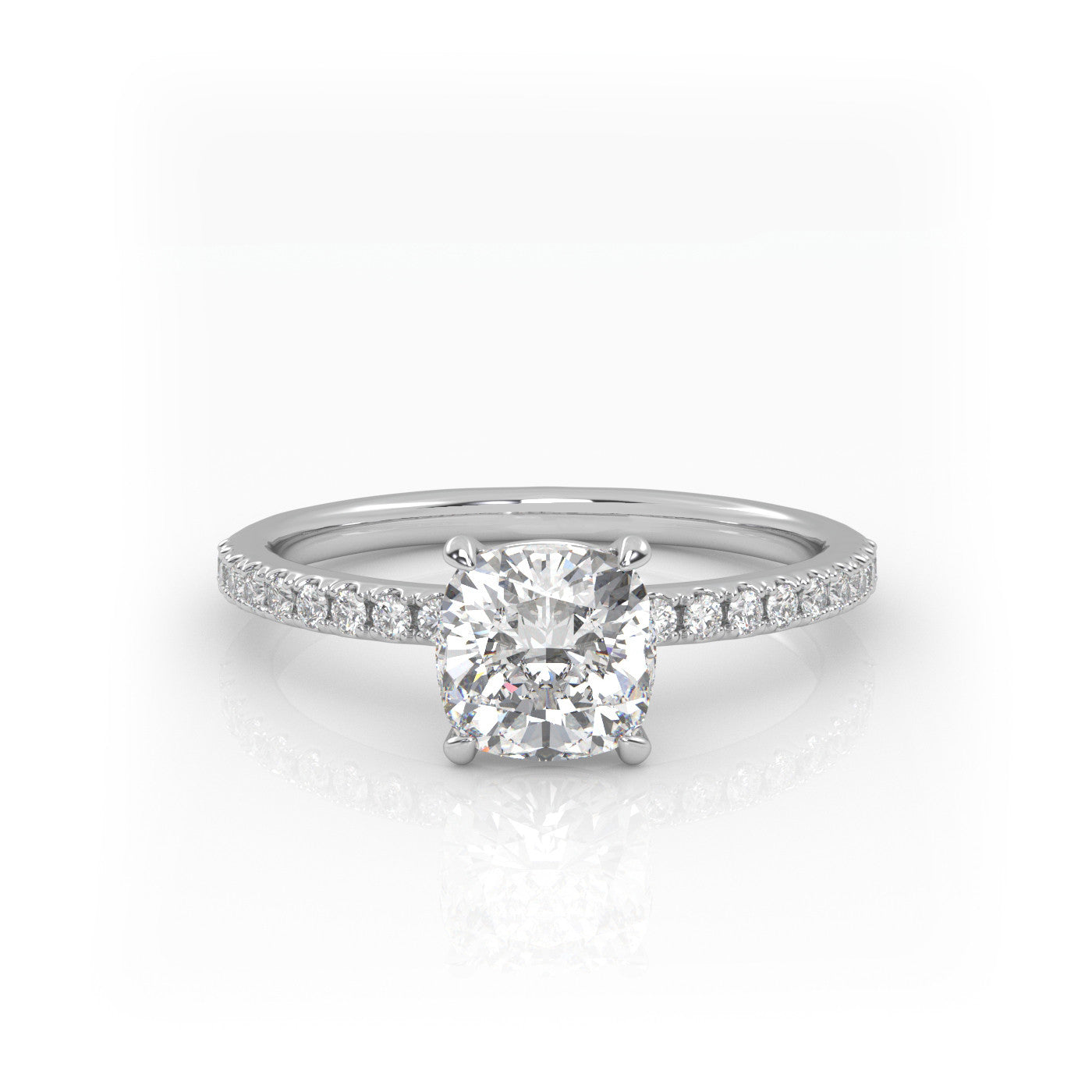 straight front view of Cushion Pavé Solitaire Diamond Engagement Ring in 18K White Gold