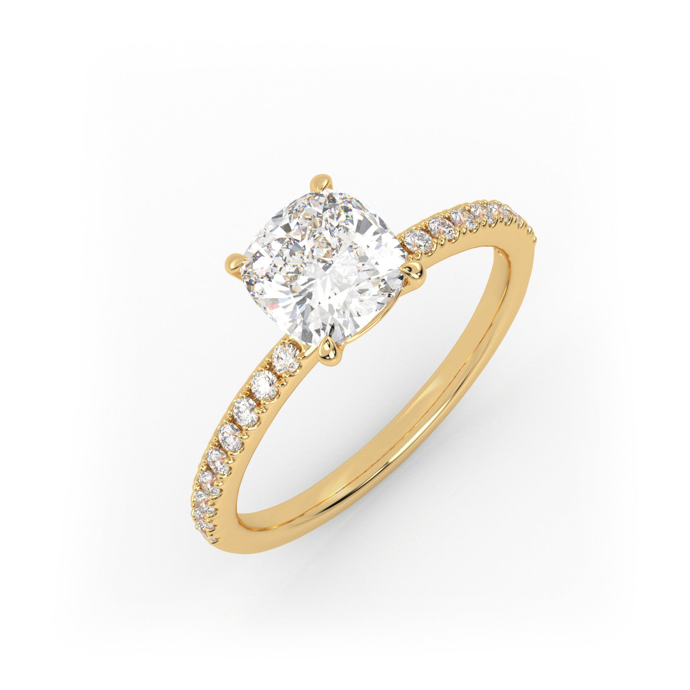 front view of Cushion Pavé Solitaire Diamond Engagement Ring in 18K Yellow Gold