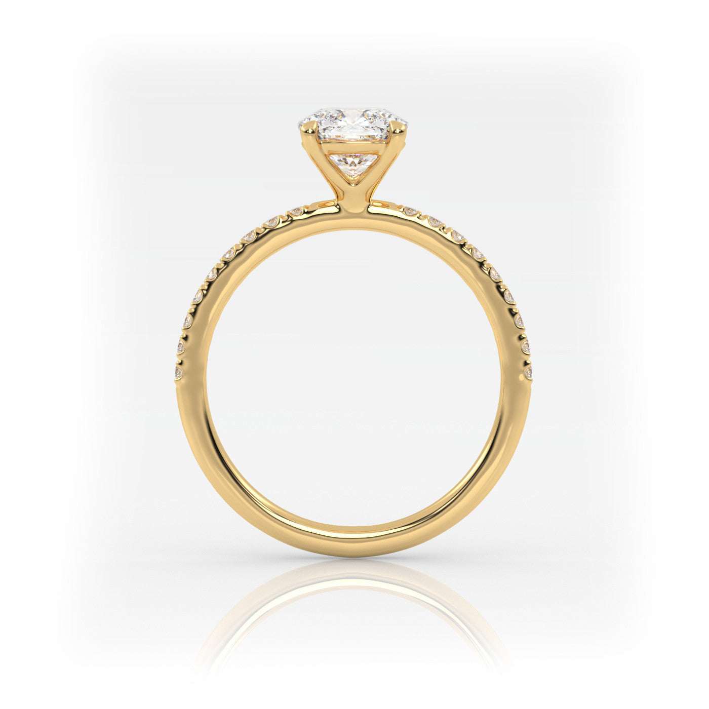 side profile of Cushion Pavé Solitaire Diamond Engagement Ring in 18K Yellow Gold
