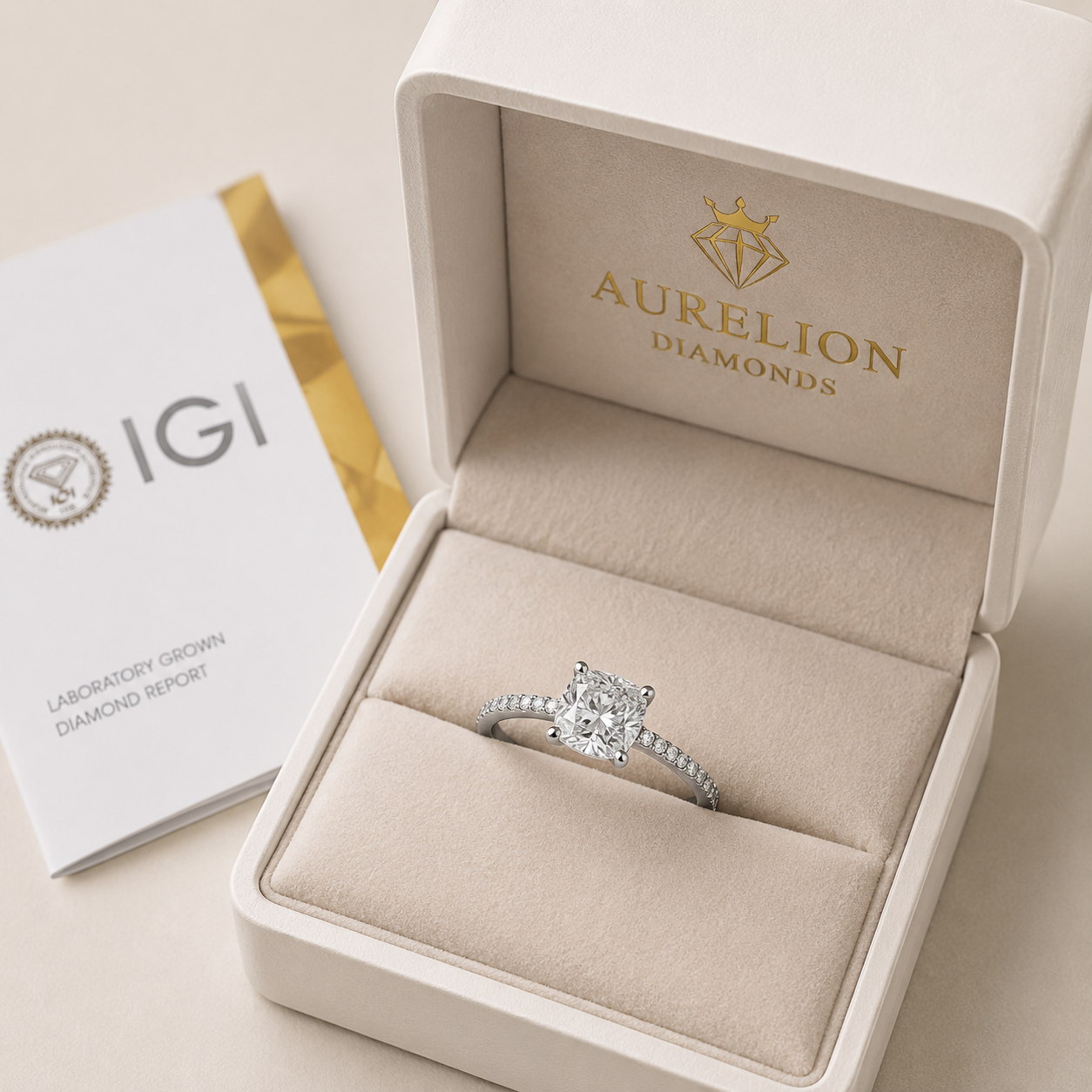 Cushion Pavé Solitaire Diamond Engagement Ring presented in Aurelion Diamonds ring box in 18K White Gold