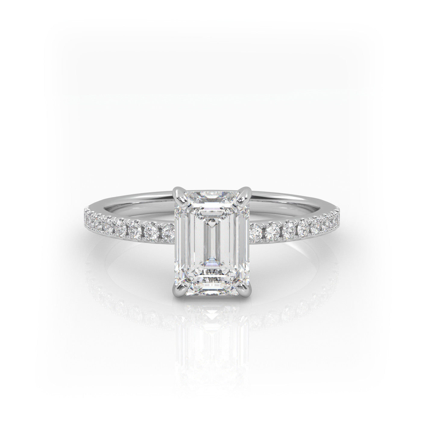 straight front view of Emerald Pavé Solitaire Diamond Engagement Ring in 18K White Gold