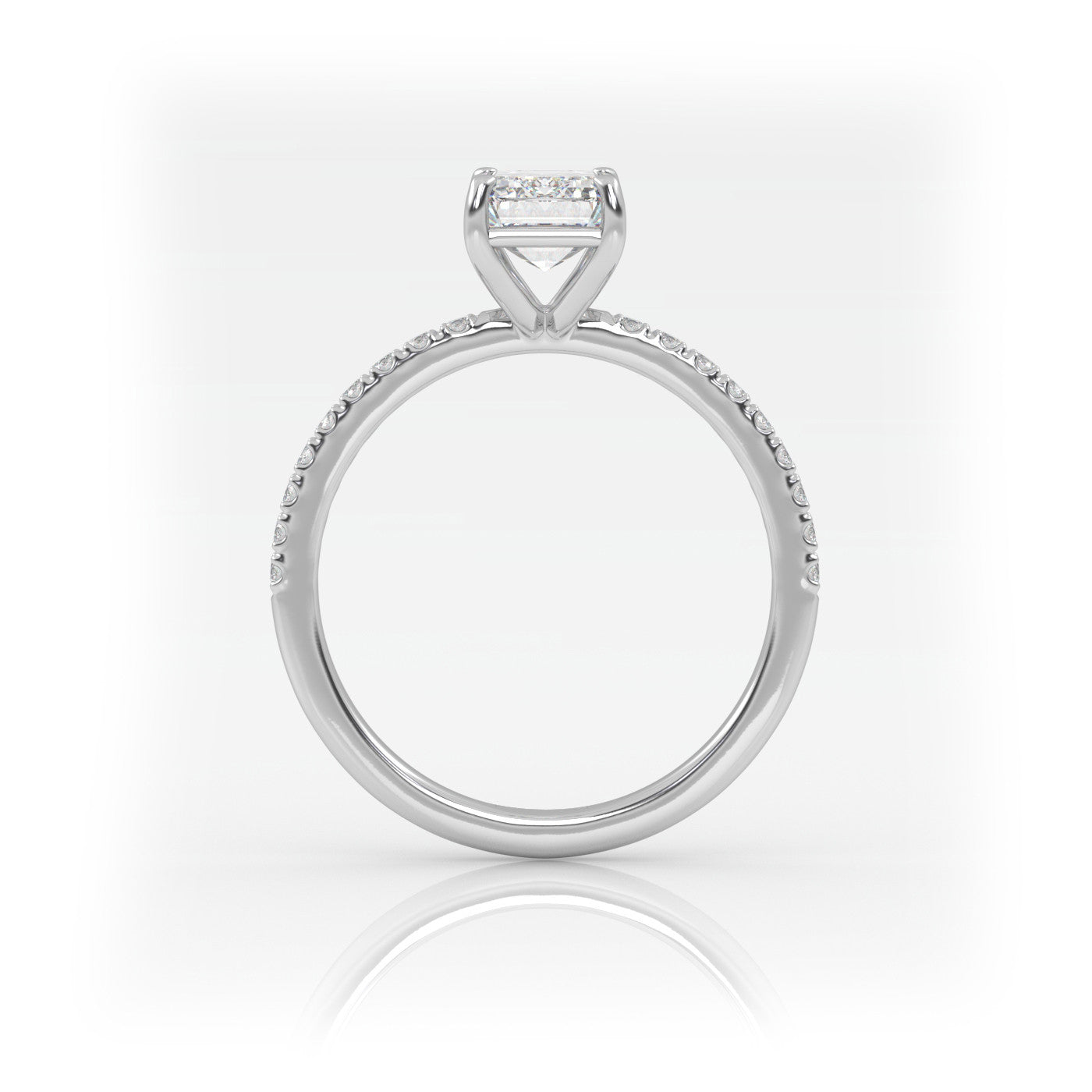 side profile of Emerald Pavé Solitaire Diamond Engagement Ring in 18K White Gold