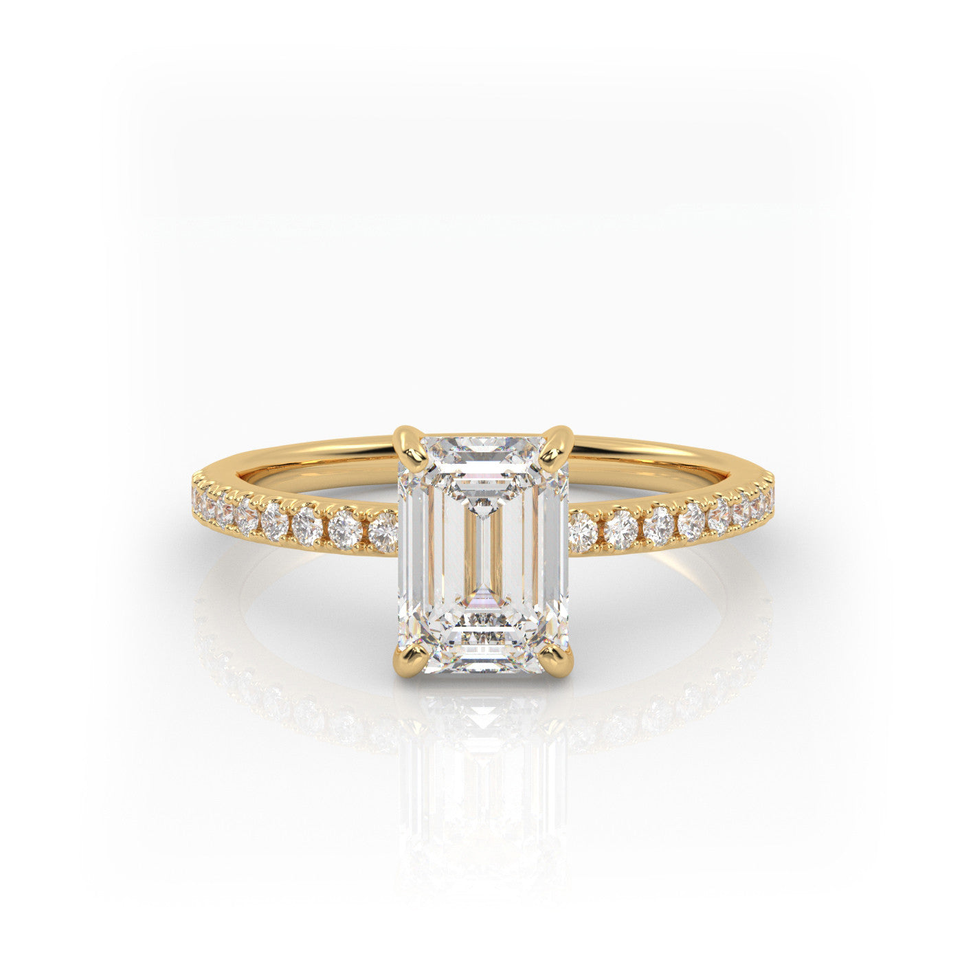 straight front view of Emerald Pavé Solitaire Diamond Engagement Ring in 18K Yellow Gold