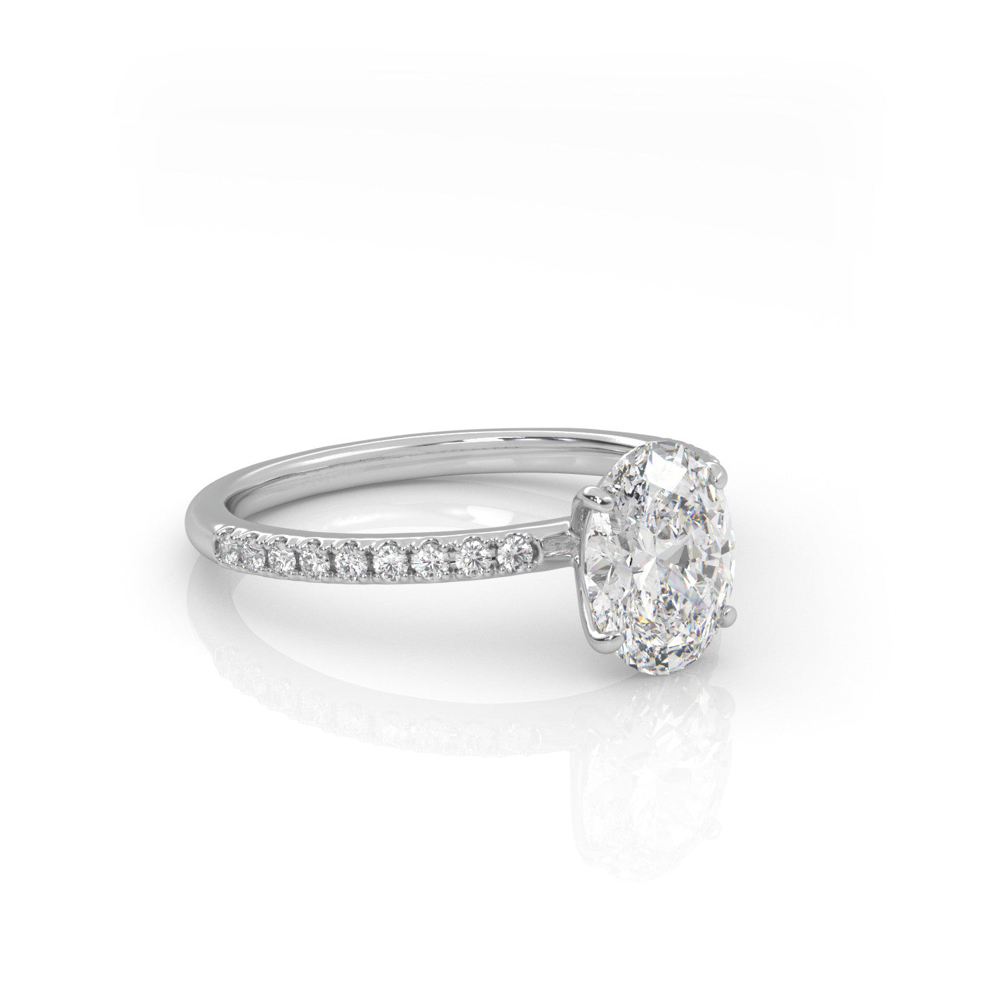 angled view of Oval Pavé Solitaire Diamond Engagement Ring in 18K White Gold