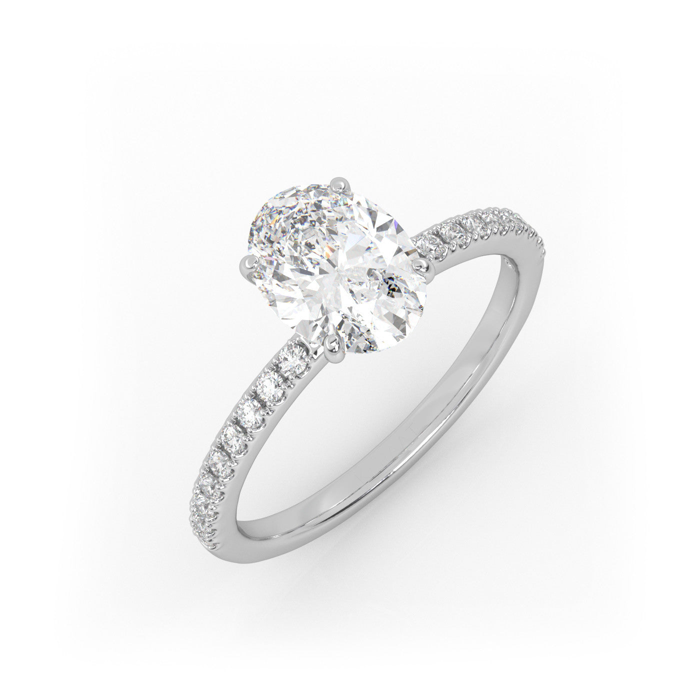 front view of Oval Pavé Solitaire Diamond Engagement Ring in 18K White Gold