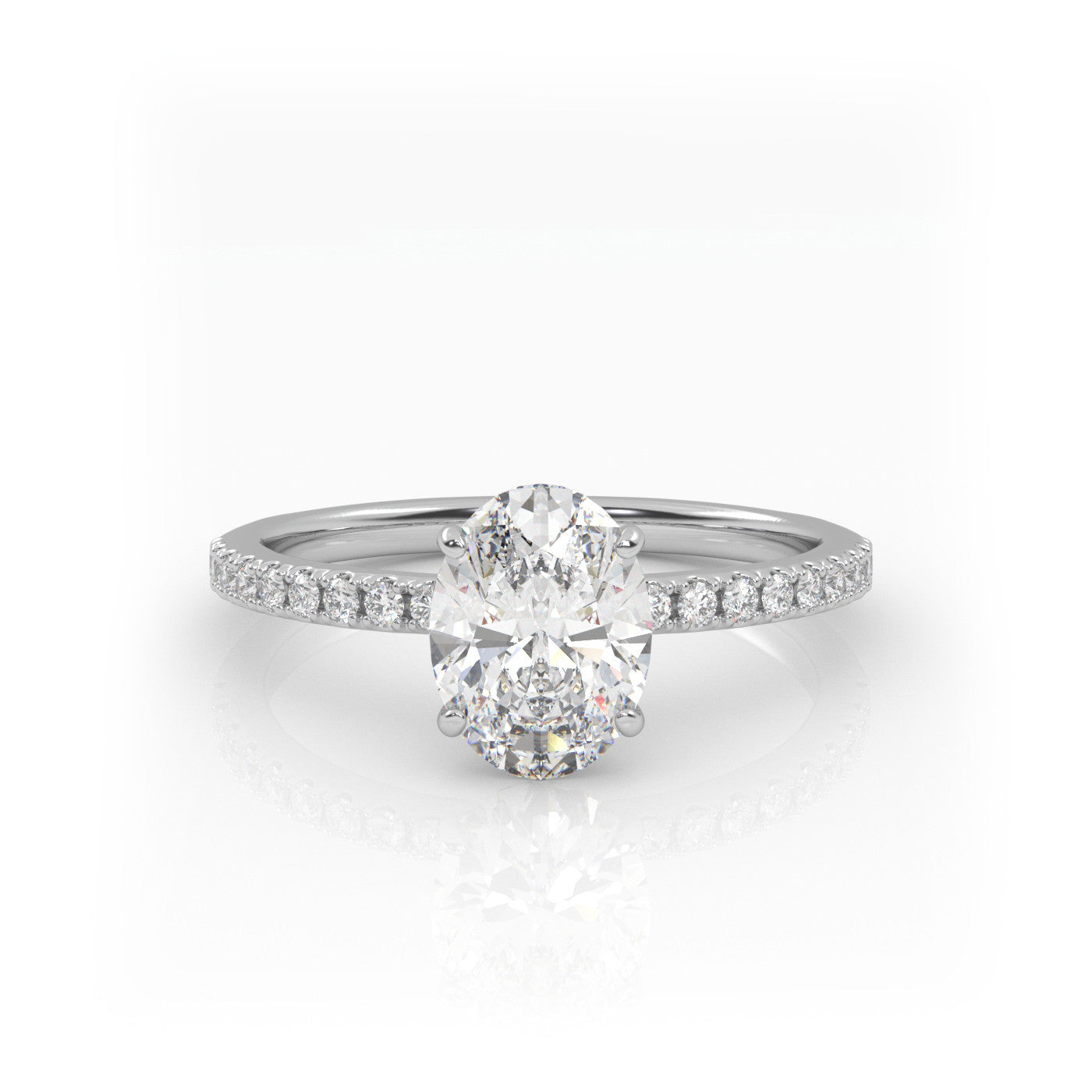 straight front view of Oval Pavé Solitaire Diamond Engagement Ring in 18K White Gold