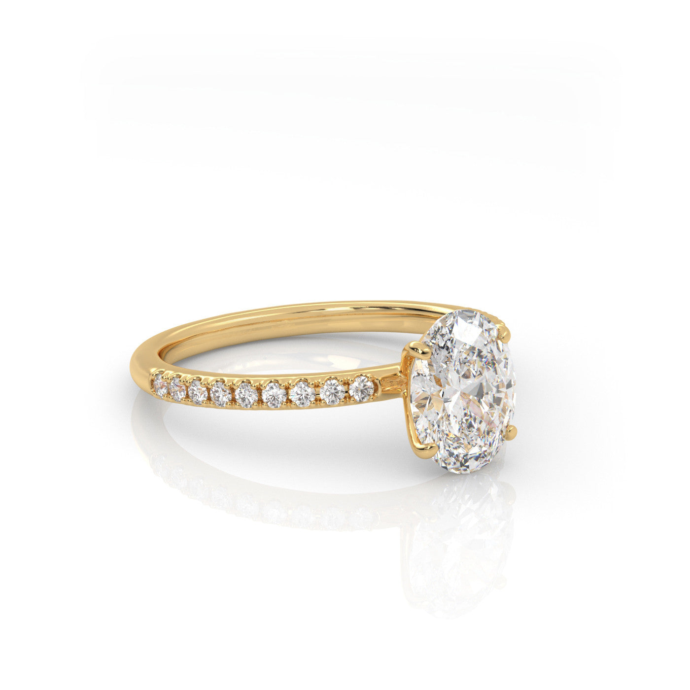 angled view of Oval Pavé Solitaire Diamond Engagement Ring in 18K Yellow Gold