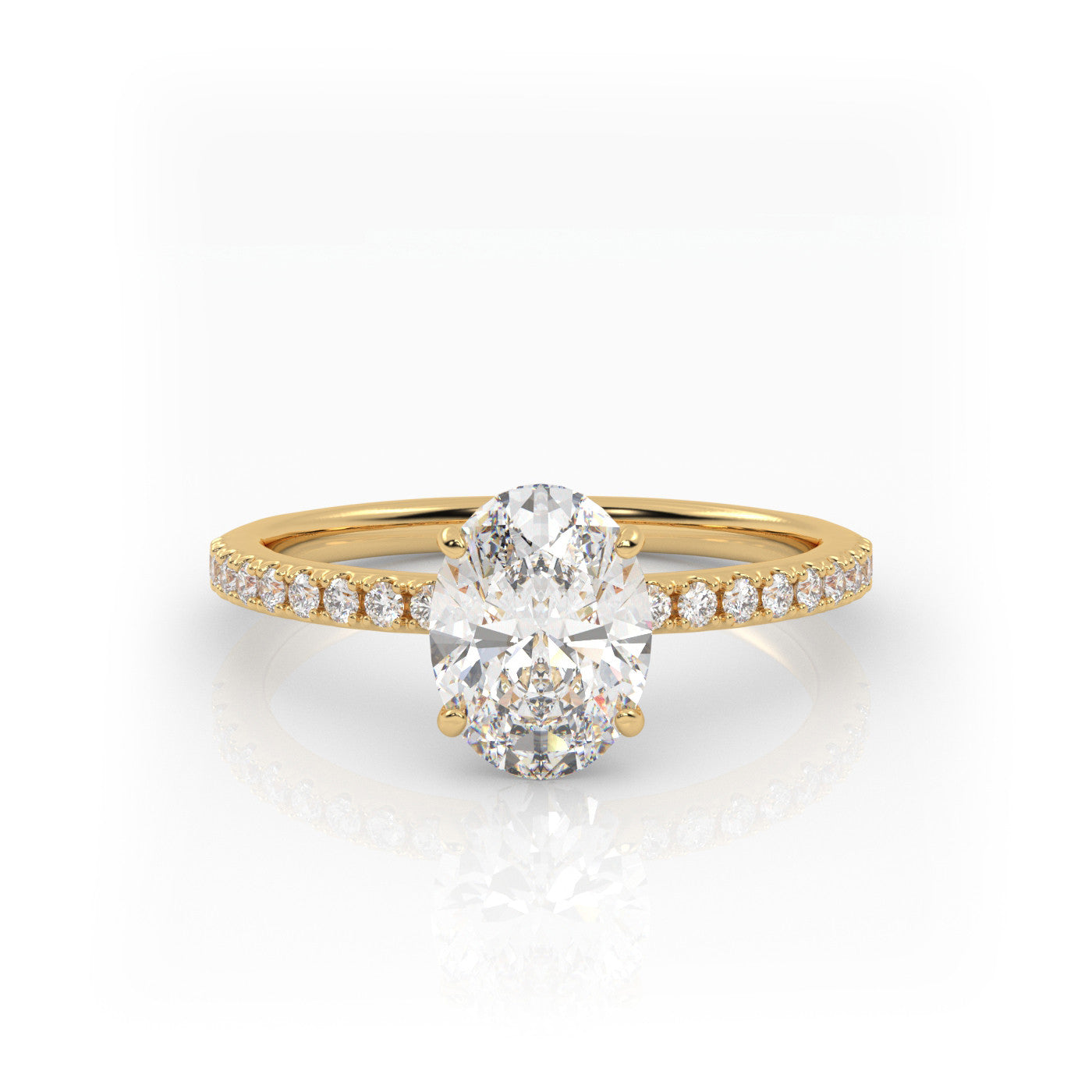 straight front view of Oval Pavé Solitaire Diamond Engagement Ring in 18K Yellow Gold