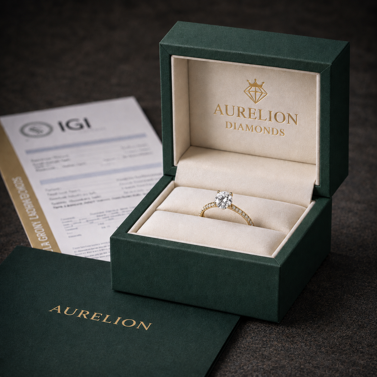 Round Pavé Solitaire Diamond Engagement Ring presented in Aurelion Diamonds ring box in 18K Yellow Gold