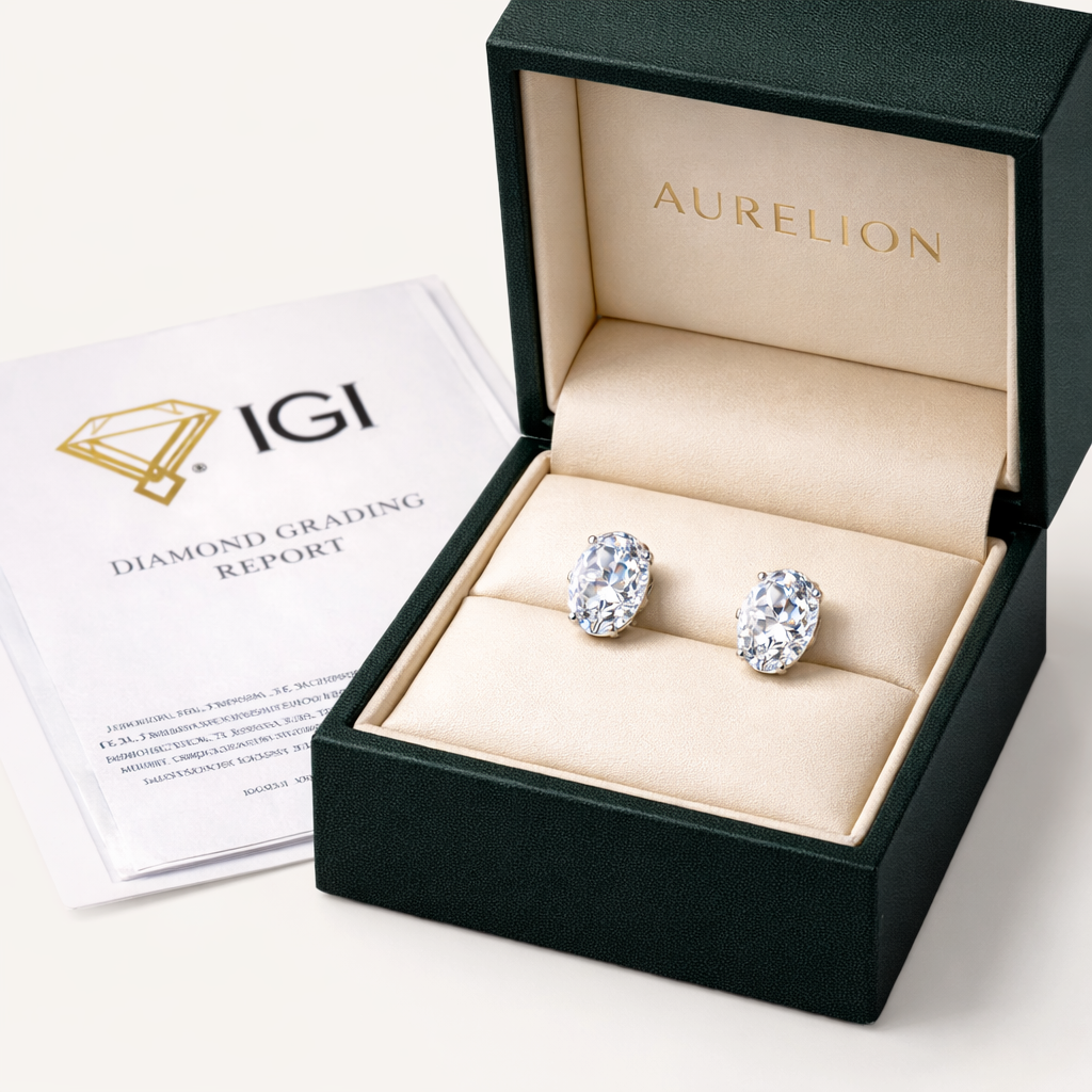 Oval Cut Diamond Stud Earrings presented in Aurelion Diamonds jewelry box in 18K White Gold