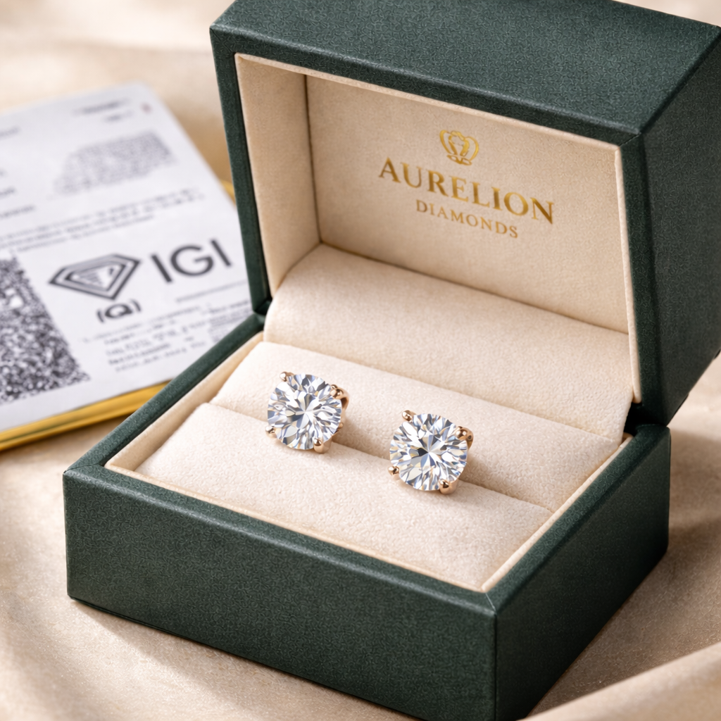 Round Cut Diamond Stud Earrings presented in Aurelion Diamonds jewelry box in 18K Rose Gold