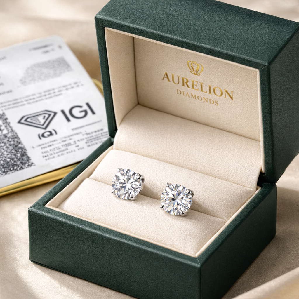 Round Cut Diamond Stud Earrings presented in Aurelion Diamonds jewelry box in 18K White Gold