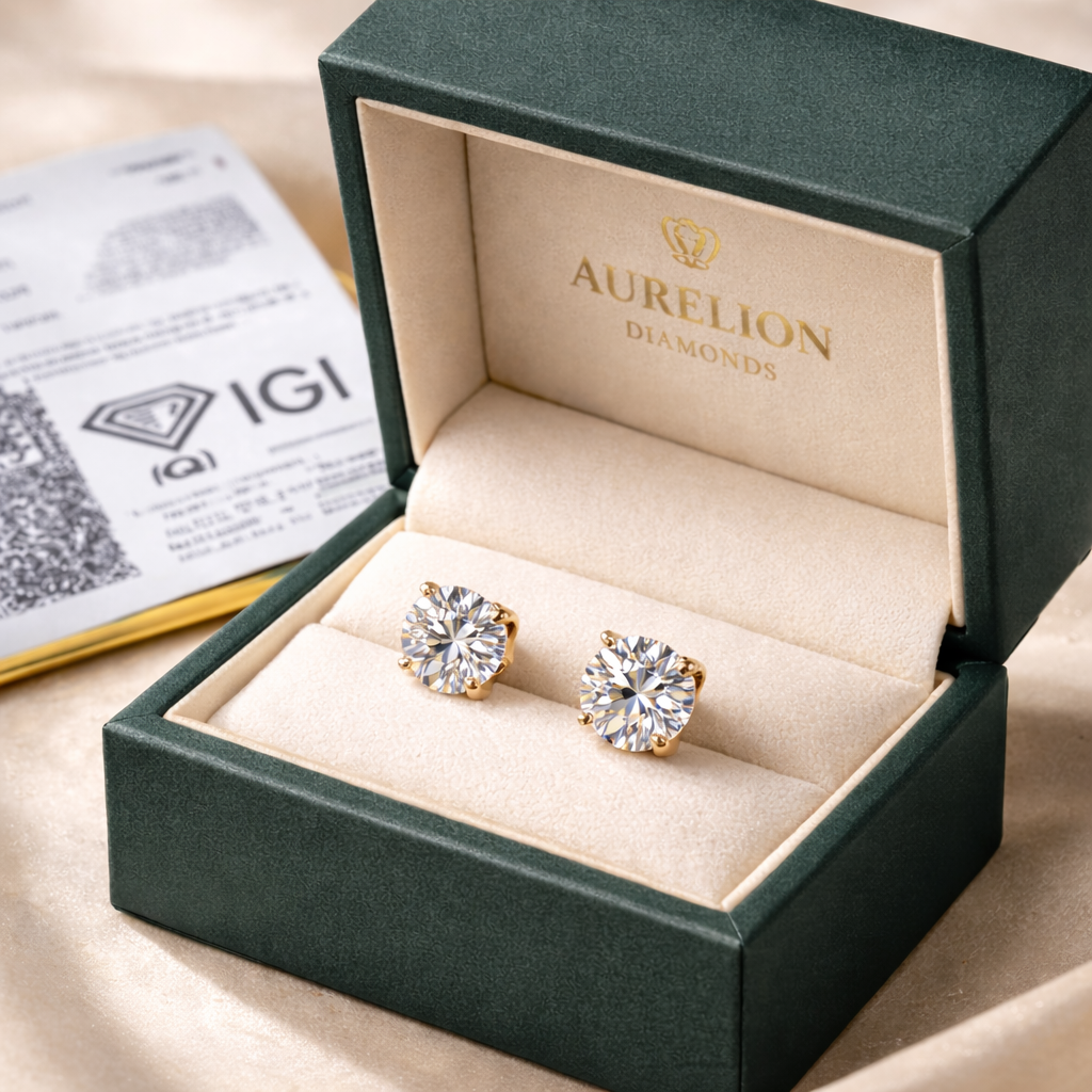 Round Cut Diamond Stud Earrings presented in Aurelion Diamonds jewelry box in 18K Yellow Gold