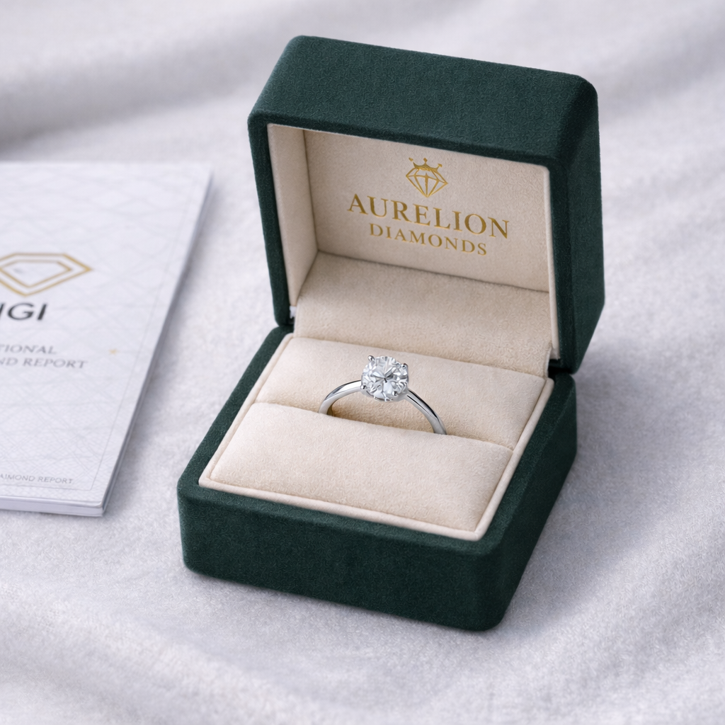 Solitaire Cushion Diamond Ring presented in Aurelion Diamonds ring box in 18K White Gold