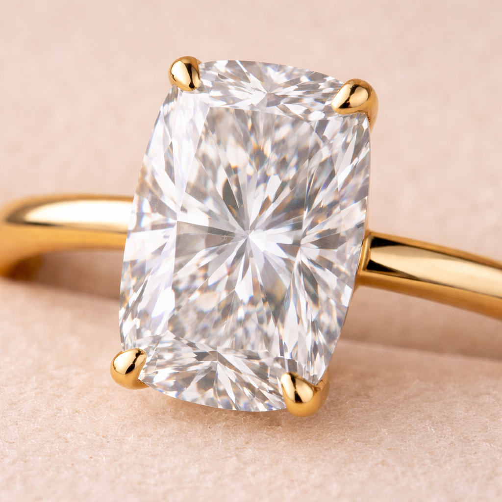 Close-up of Solitaire Elongated Cushion Diamond Ring