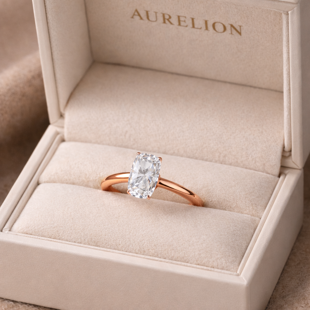 Solitaire Elongated Cushion Diamond Ring presented in Aurelion Diamonds ring box in 18K Rose Gold
