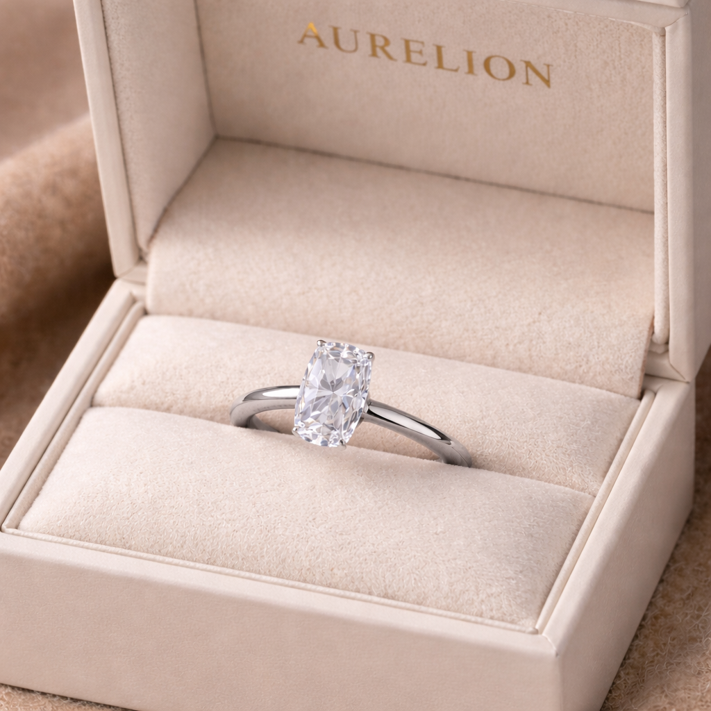 Solitaire Elongated Cushion Diamond Ring presented in Aurelion Diamonds ring box in 18K White Gold
