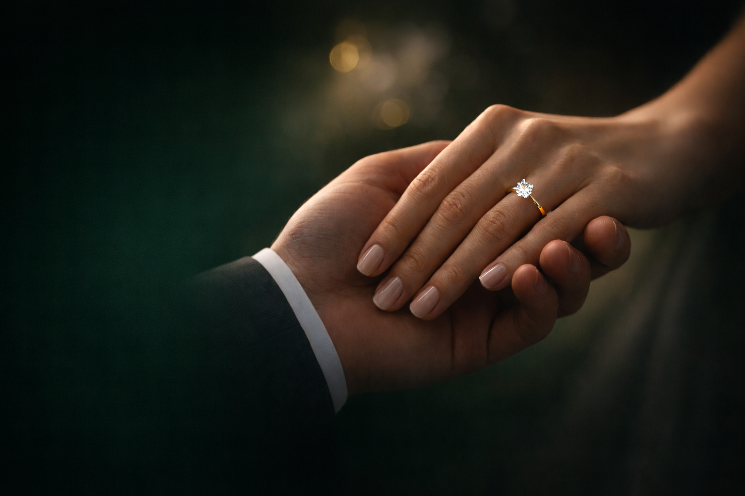Close-up of a round-cut solitaire diamond engagement ring in 18K yellow gold on a woman's hand, gently held in soft emerald-toned light.