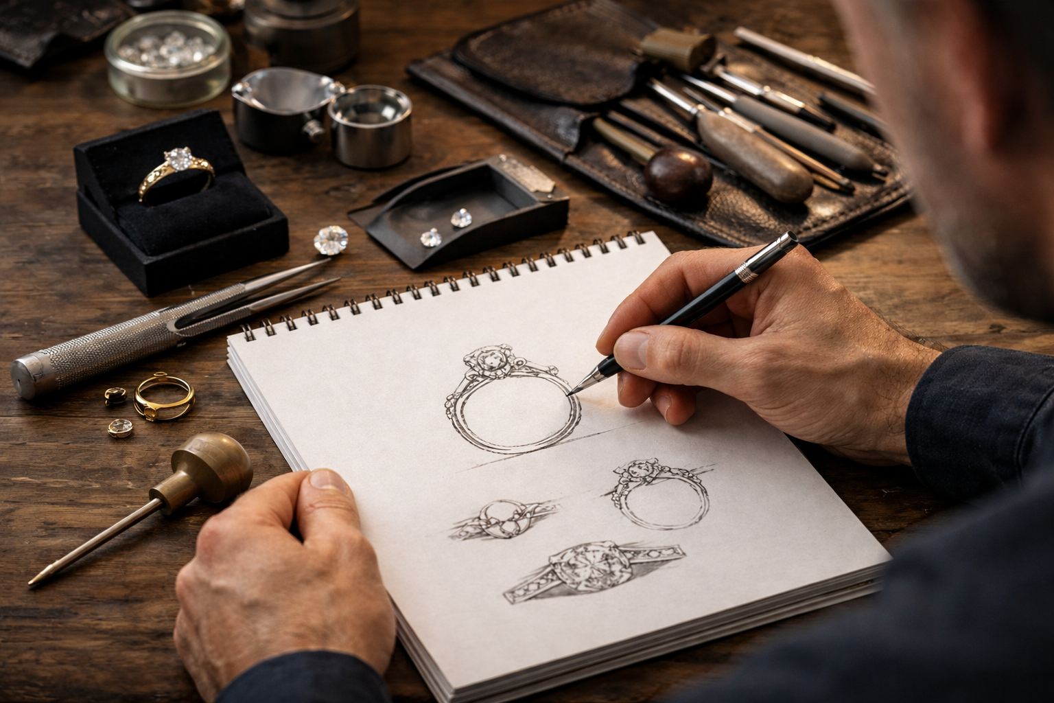 Jeweler sketching a bespoke engagement ring design with certified lab-grown diamonds