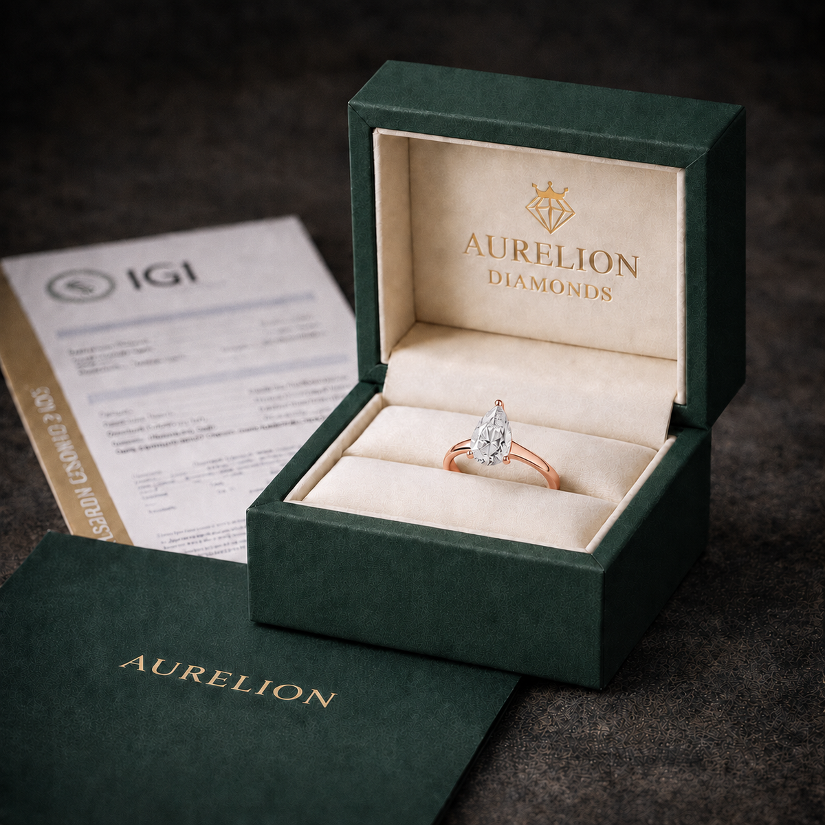 Pear cut solitaire diamond engagement ring in 18K rose gold presentation box