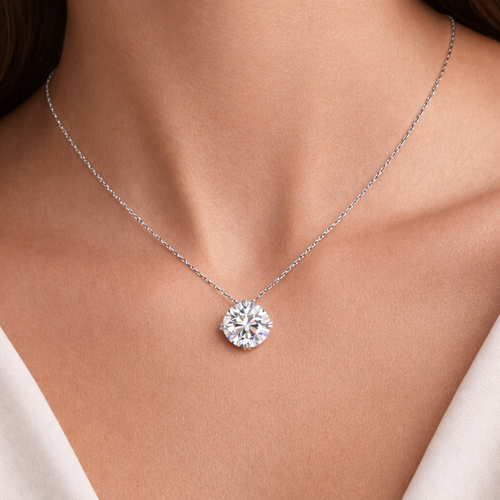 Solitaire Round Cut Diamond Pendant worn on neck in 18K Yellow Gold
